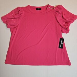 Karl Lagerfeld Paris 2X Pink Puff Sleeve Pearl Rhinestone Blouse‎ NWT Dressy Top